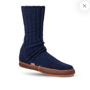 Acorn Navy Knit Slip-On Slippers with Brown Trim